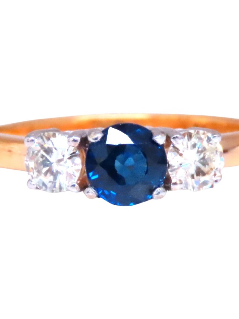 1.01ct Natural Round Blue Sapphire Three Stone Ring 14kt Gold*